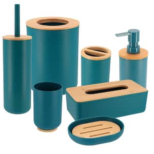 Padang 7-Pieces Bath Accessory Set with Soap Pump Tumbler Soap Dish and Toilet Brush Holder in PVC Blue and Bamboo