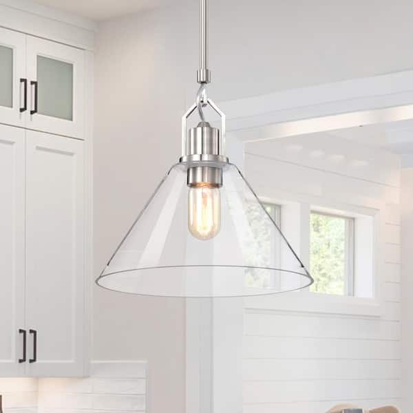 Edvivi Aria 12 in. 1-Light Brushed Nickel Clear Cone Glass Farmhouse Kitchen Pendant Light
