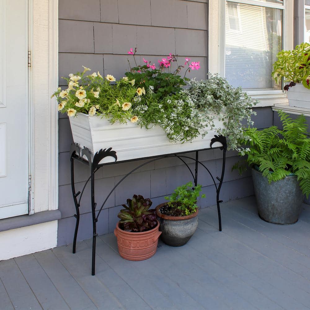 White Galvanized Steel Flower Planter Box with Iron Stand