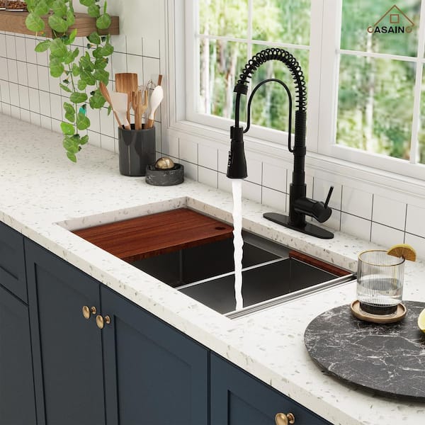 All-in-One 32 in. Undermount Single Bowl 16 Gauge Nano Brushed Stainless Steel Workstation Kitchen Sink with Faucet