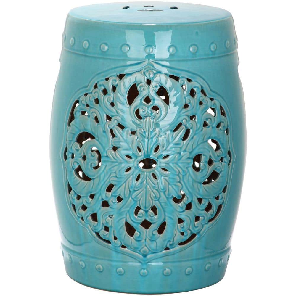 Flora Ceramic 17.5" Blue Garden Stool with Leaf Medallion Motif