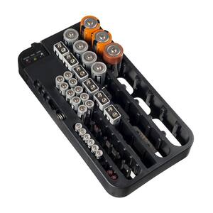 Battery Organizing Tray with Removable Volt Tester - Storage with 68 Battery Capacity in Black