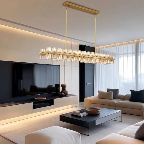 60-Light 54 in. Gold Crystal Chandelier Dimmable LED Kitchen Island Rectangle Bedrooms, Living Rooms (Includes Bulbs)