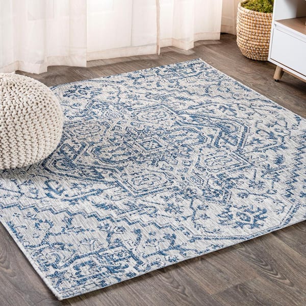 Estrella Bohemian Medallion Textured Weave Navy/Gray 6 X 6 ft. Indoor/Outdoor Area Rug