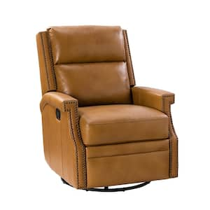 Dryope Camel Genuine Leather Swivel Rocker Recliner with Nailhead Trim