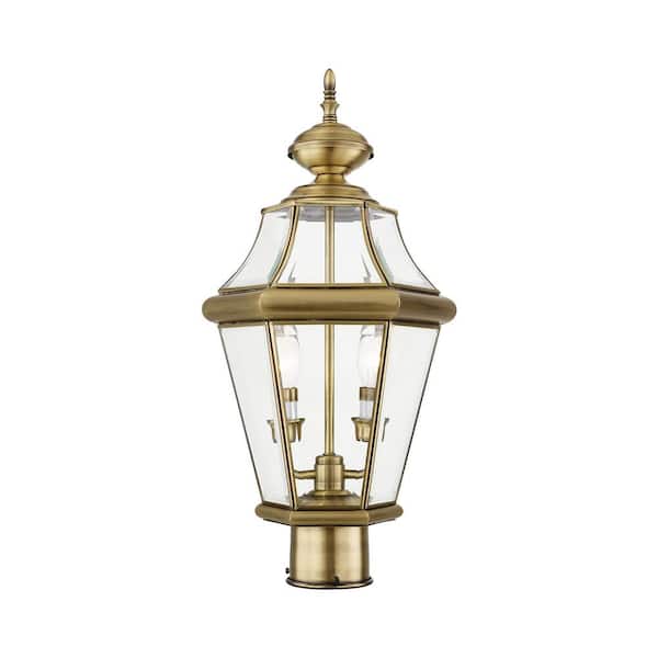 AVIANCE LIGHTING Cresthill 21 in. 2-Light Antique Brass Cast Brass Hardwired Outdoor Rust Resistant Post Light with No Bulbs Included