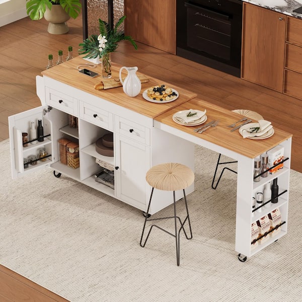 White Kitchen Cart with Extendable Dining Table, Internal Racks, 3 Drawer, Power Outlet, 2 Door Cabinet, Side Storage