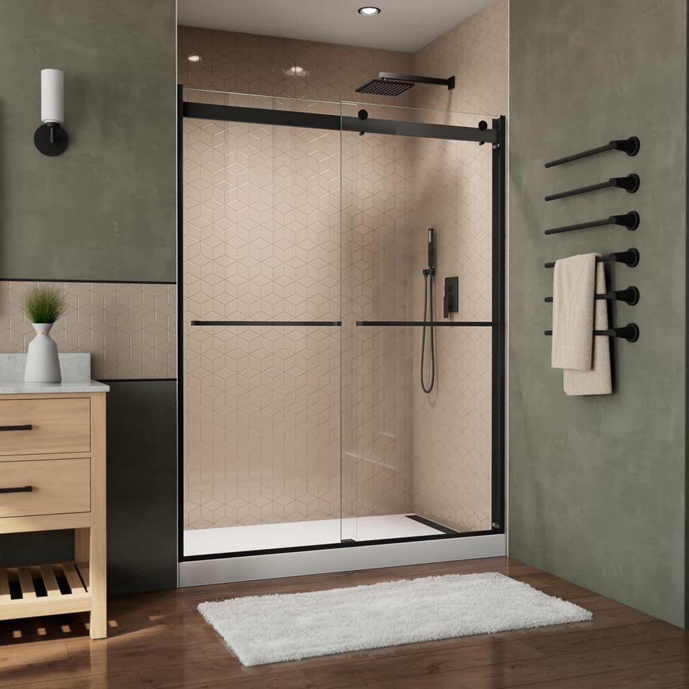 Satin Black Clear Glass Semi-Frameless Shower Door 60" x 76"