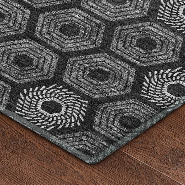 Mayfield Premium Machine Washable Abstract AMF2559 Black 2 ft. x 7 ft. Runner Rug