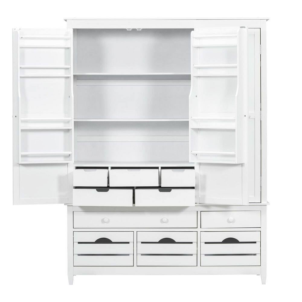 White Wood Freestanding Pantry Organizer with 10 Drawers, 8 Door Shelves and 4 Pull-Out Trays