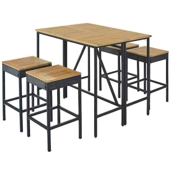 Sudzendf Brown 5-Piece Wicker Outdoor Serving Bar Set, 4 Stools And 1 Wood Table