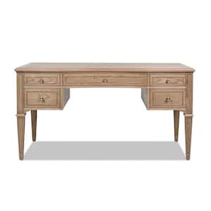 Dauphin 59 in. Natural Brown Wood 5-Drawer Executive Desk with Gold Accent