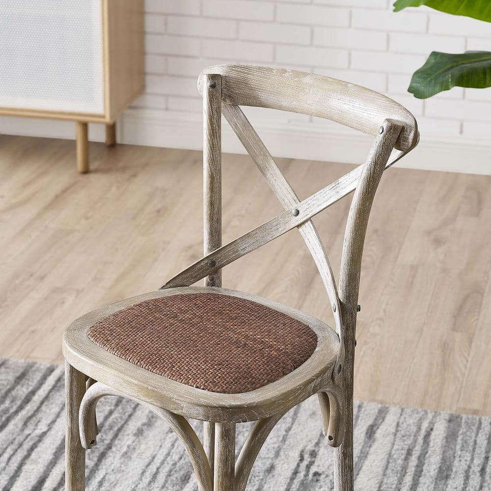 Farmhouse Charm Gray Elm Wood Counter Stool with Woven Rattan Seat