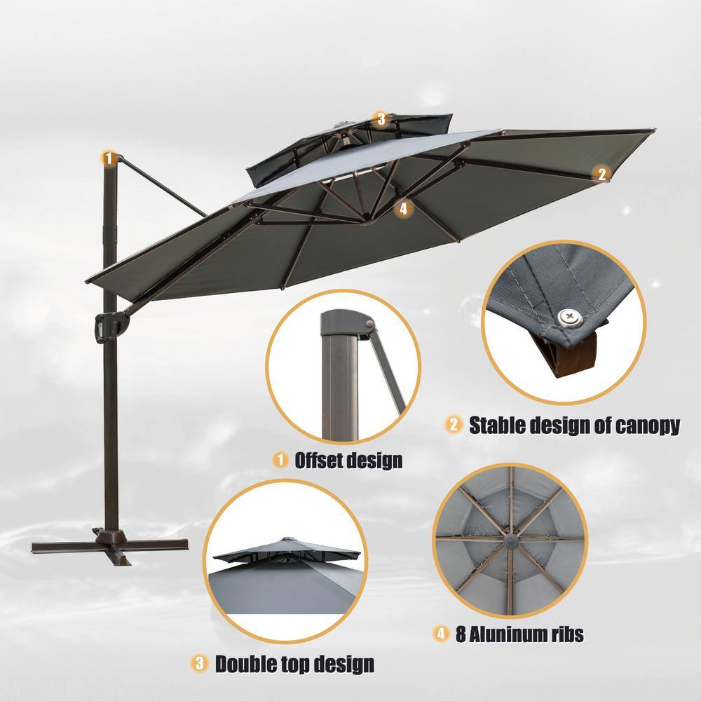 11.5 ft Gray Aluminum Cantilever Patio Umbrella with Double Top