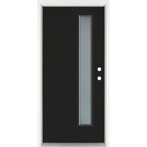 36 in. x 80 in. Left-Hand Inswing Narrow Lite Frosted Glass Black Painted Fiberglass Prehung Front Door