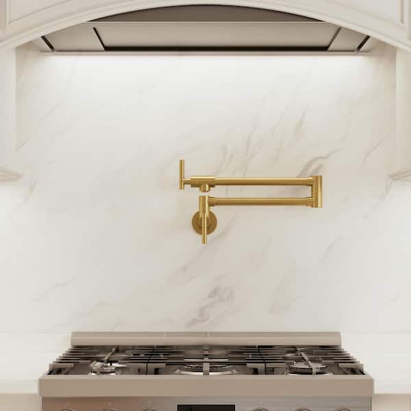 Wall‑Mounted Pot Filler Faucet with Dual Handles, 360° Swivel Foldable Spout, 2.5 GPM in Brushed Gold