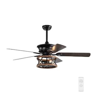 52 in. Indoor Black Farmhouse Ceiling Fan with Caged Light Fixture, Remote Control, 5 Reversible Blades, No Bulb