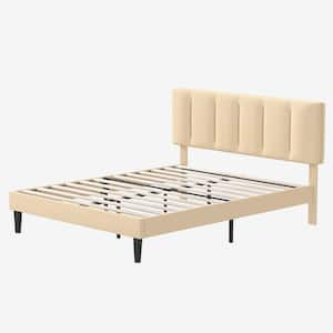 Upholstered Bedframe, Beige Metal Frame Full Platform Bed with Adjustable Headboard, Wood Slat, No Box Spring Needed