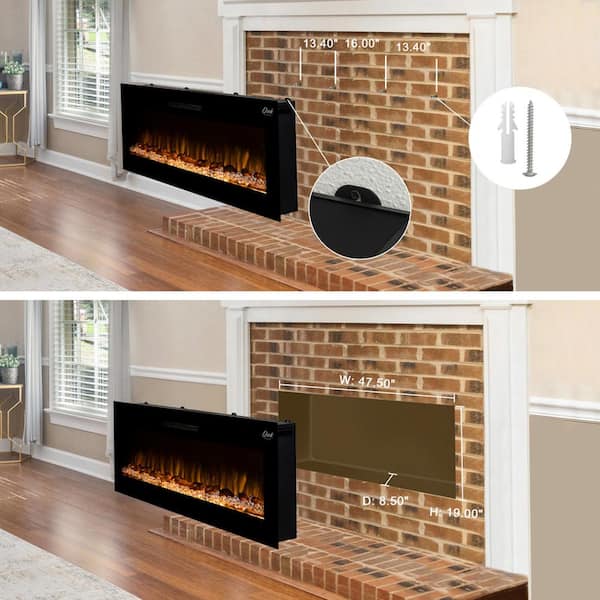 Glitzhome 50 in. L Black Recessed Wall Mounted Electric Fireplace with 9  Color Flames Faux Log and Crystal Decorated 2019200003 - The Home Depot