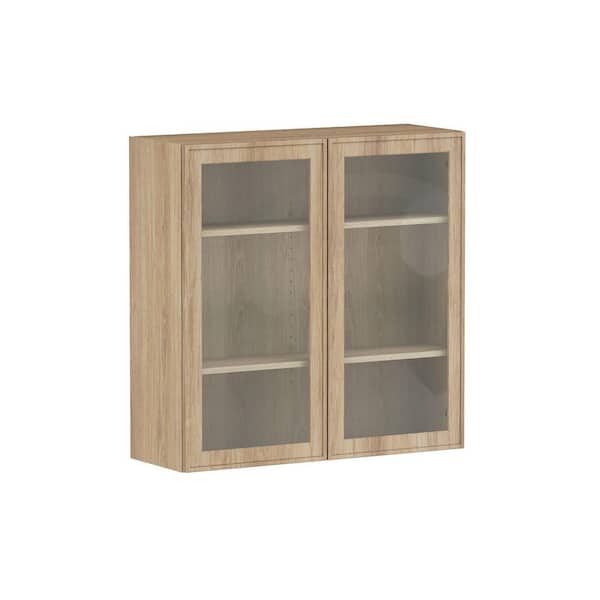 Designer Series Renly 36 in. W x 12 in. D x 36 in. H Assembled Slim Shaker Glass Door Wall Kitchen Cabinet in Sandstone