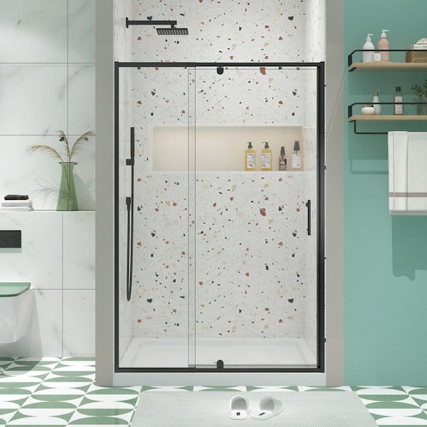 Boosicavelly 42 in. W x 71 in. H Pivot Semi-Frameless Shower Door in Matte Black Finish with Tempered Glass
