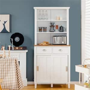Freestanding White Kitchen Pantry Storage Cabinet Buffet w/Hutch Sliding Door & Drawer