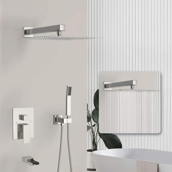 UPIKER 3-Spray Shower Faucet 10 in. Wall Mounted Square Shower Head 1.8 GPM Shower System in Brushed Nickel