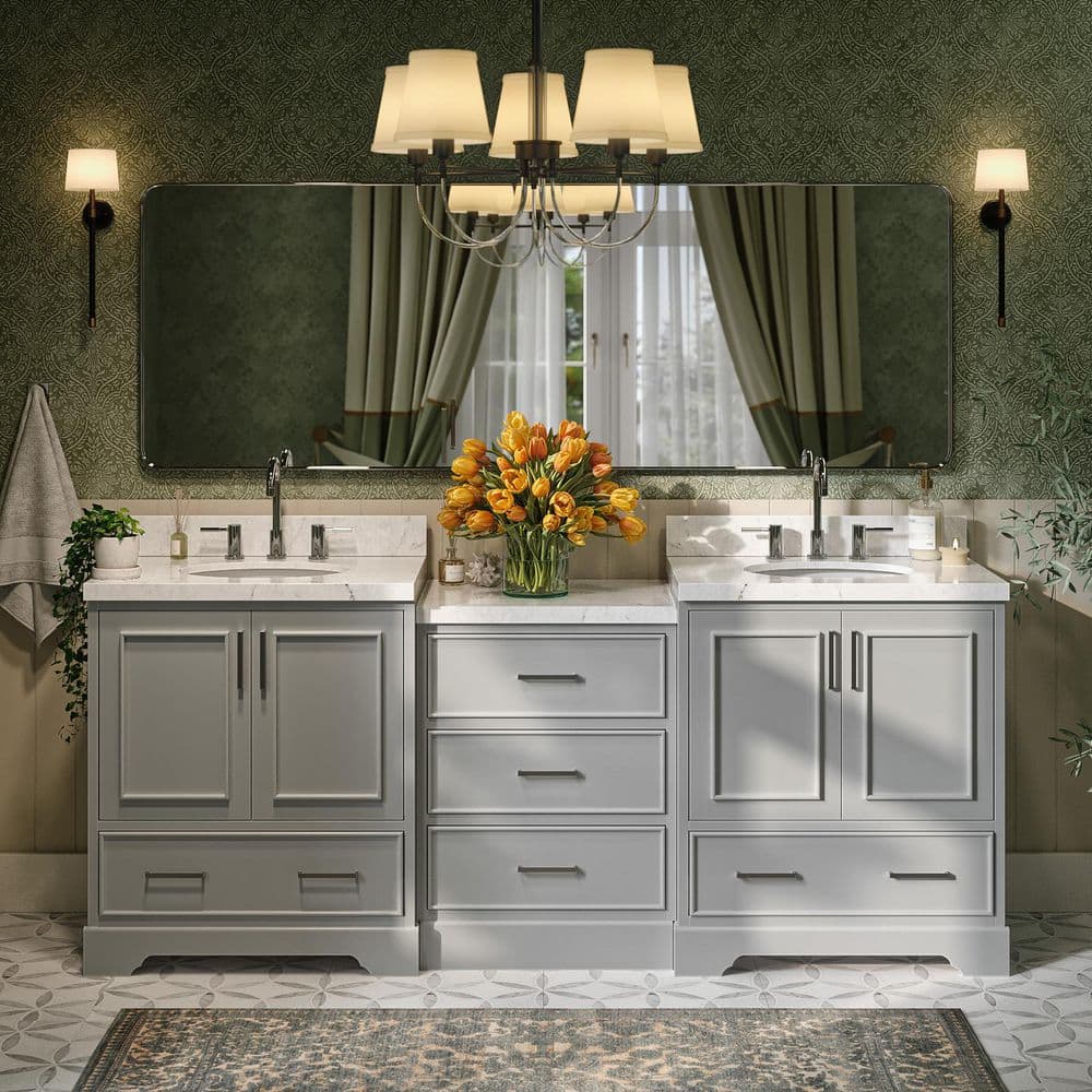 Stafford 84 in. Double Sink Freestanding Bathroom Vanity in Gray with Carrara White Quartz Top price history on PriceWatchPro