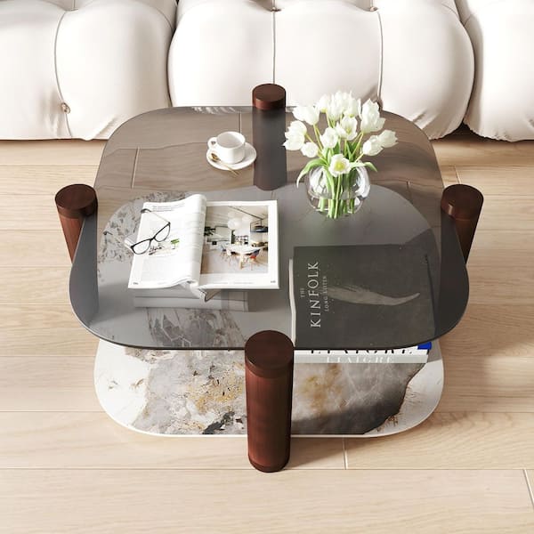 Magic Home 35 in. W Square Tempered Glass and Stone Tabletop Modern Coffee Table with Steel legs in Brown