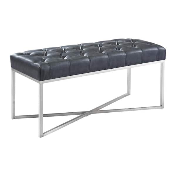 Armen Living Noel Grey Faux Leather and Brushed Stainless Steel Contemporary Bench