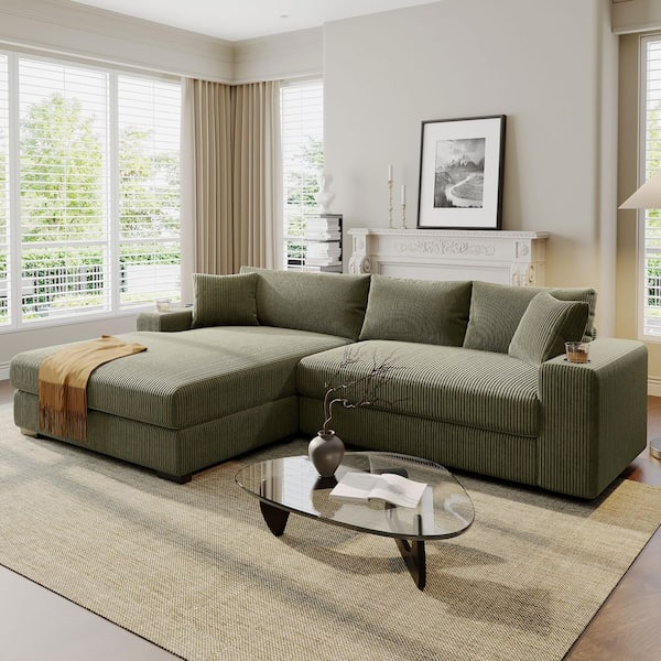 111.5 in. Square Arm L-Shape Corduroy Sectional Sofa in Green with USB Charging Ports, Cup Holders