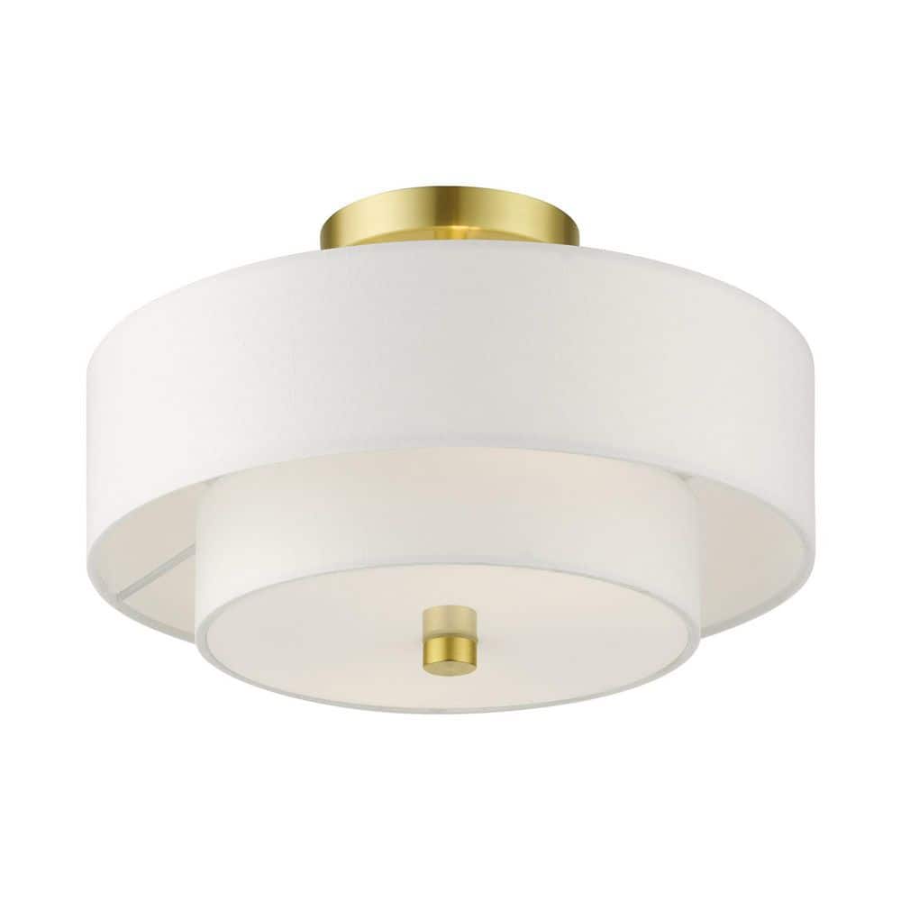 Satin Brass Glass Drum 2-Light Semi-Flush Mount