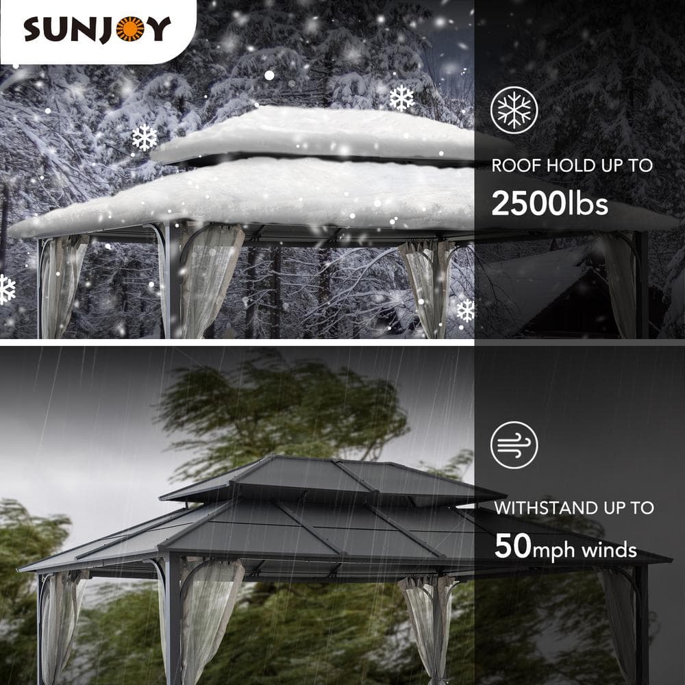 Sunjoy 12 x 16 ft. Black Steel Hardtop Gazebo with Netting