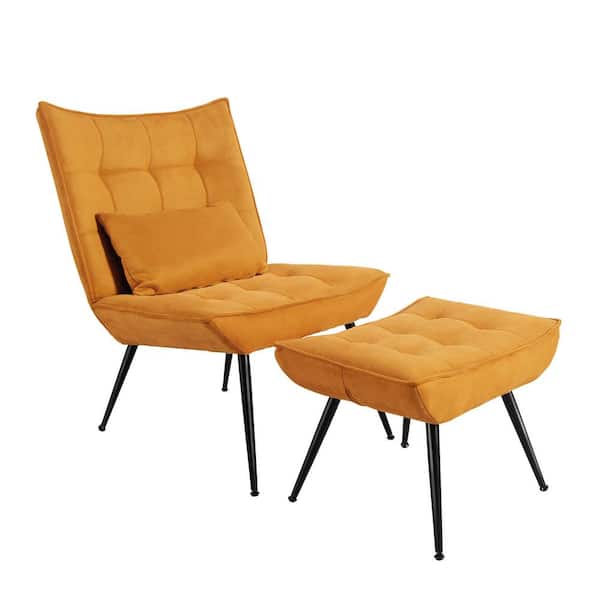 Dovelina 17 in. Contemporary Orange Velvet Recliner and Ottoman Metal Frame Upholstered Accent Recliner Chair with Pedals