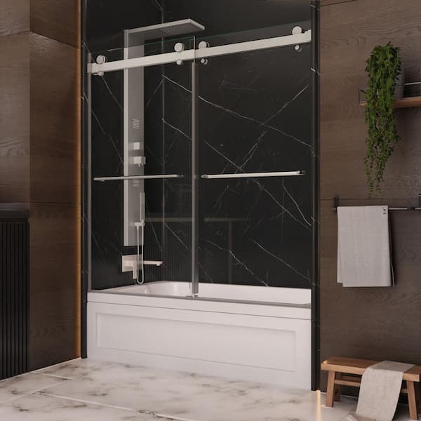 null Luna 58 in. - 60 in. W x 60-1/2 in. H Frameless Bypassing Sliding Tub Door in Brushed Nickel