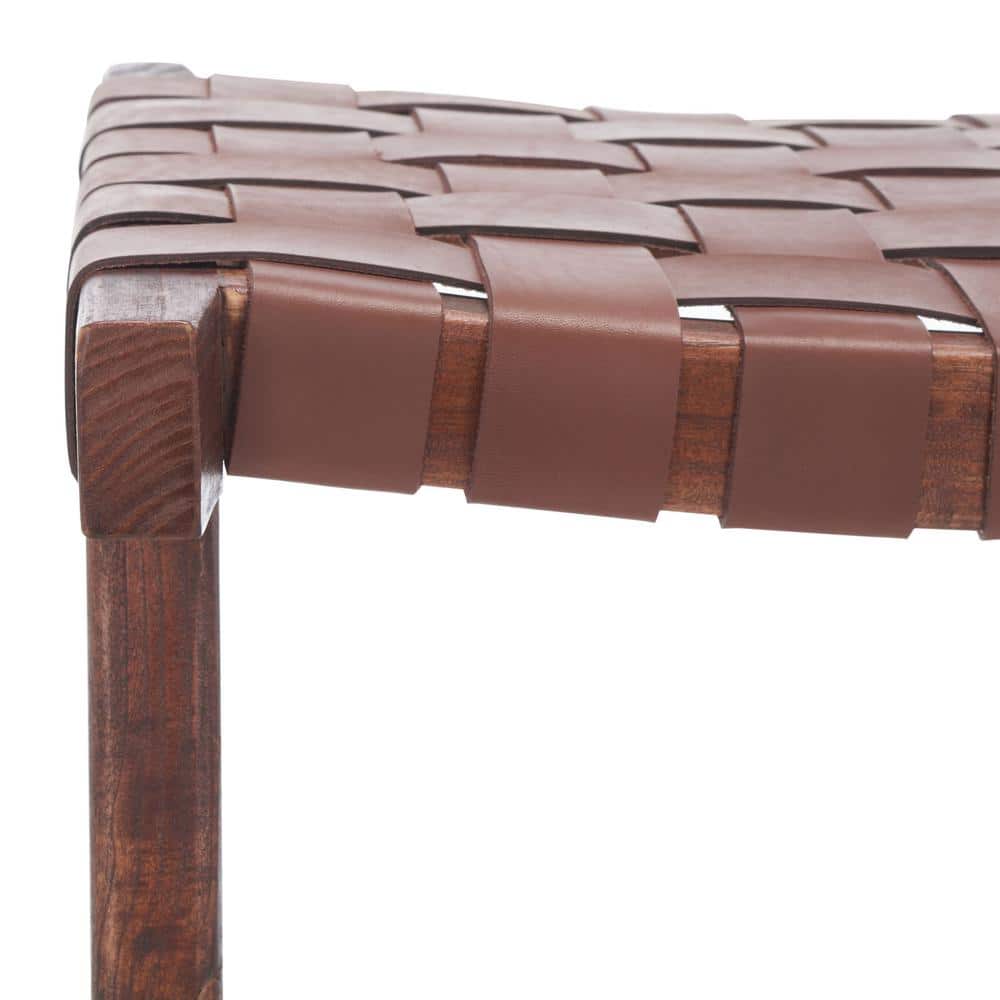 Cognac Woven Leather and Walnut Wood Backless Counter Stool