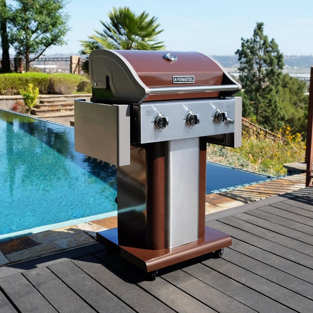 Mocha Stainless Steel 3-Burner Propane Gas Grill with Foldable Side Tables