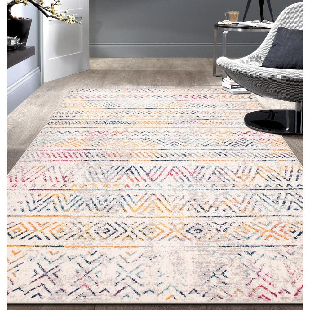 Multicolored Geometric Bohemian Synthetic Area Rug 7'10" x 10'