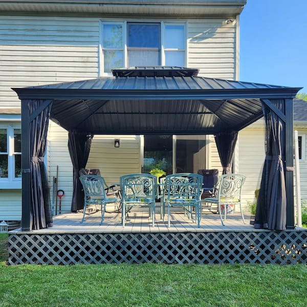 12 ft. x 14 ft. Hardtop Gazebo Permanent Aluminum Outdoor Gazebo with Galvanized Steel Double Roof, Drainage Gutters