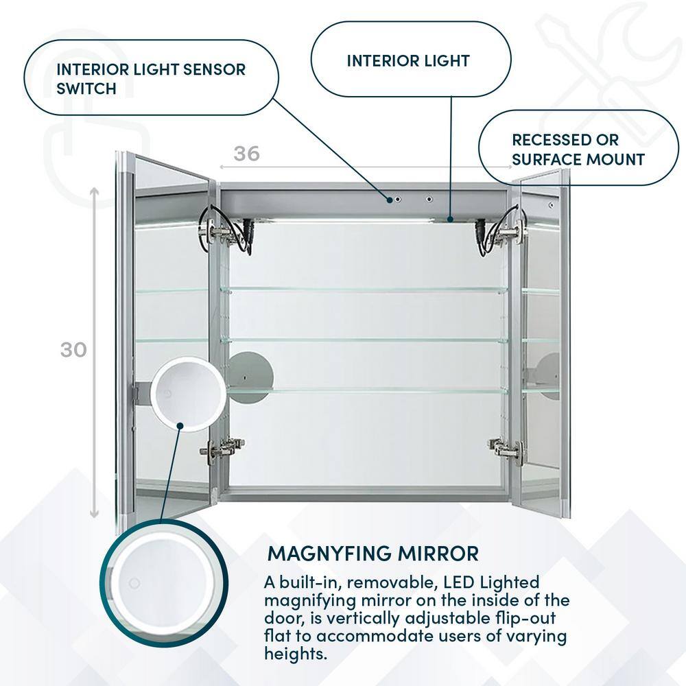 Signature Royale 36"x30" Modern LED Lighted Medicine Cabinet with Defogger