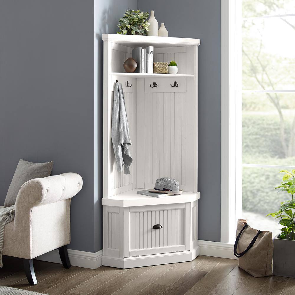 Distressed White Birch Corner Hall Tree with Storage