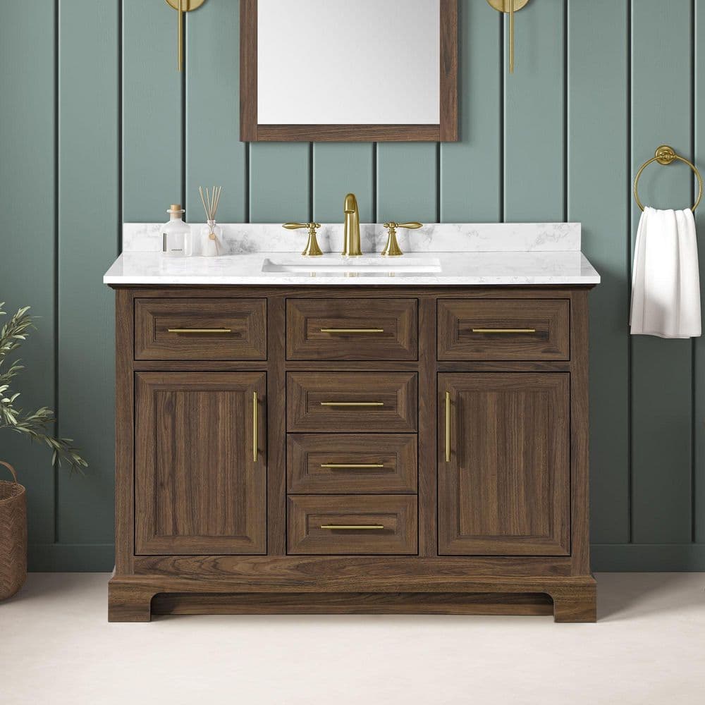 Doveton 48 in. Single Sink Dark Walnut Bath Vanity with White Engineered Ma