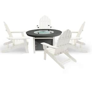 Vail 48 in. 2-Tone Gray Round Fire Pit, 5-Piece Plastic Patio Conversation Set with White Balboa Chairs