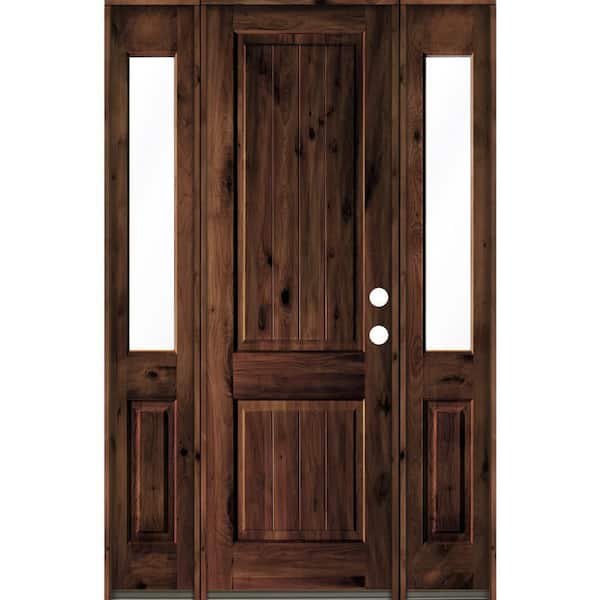 Krosswood Doors 58 in. x 96 in. Rustic Alder Square Top Red Mahogany Stained Wood with V-Groove Left Hand Single Prehung Front Door