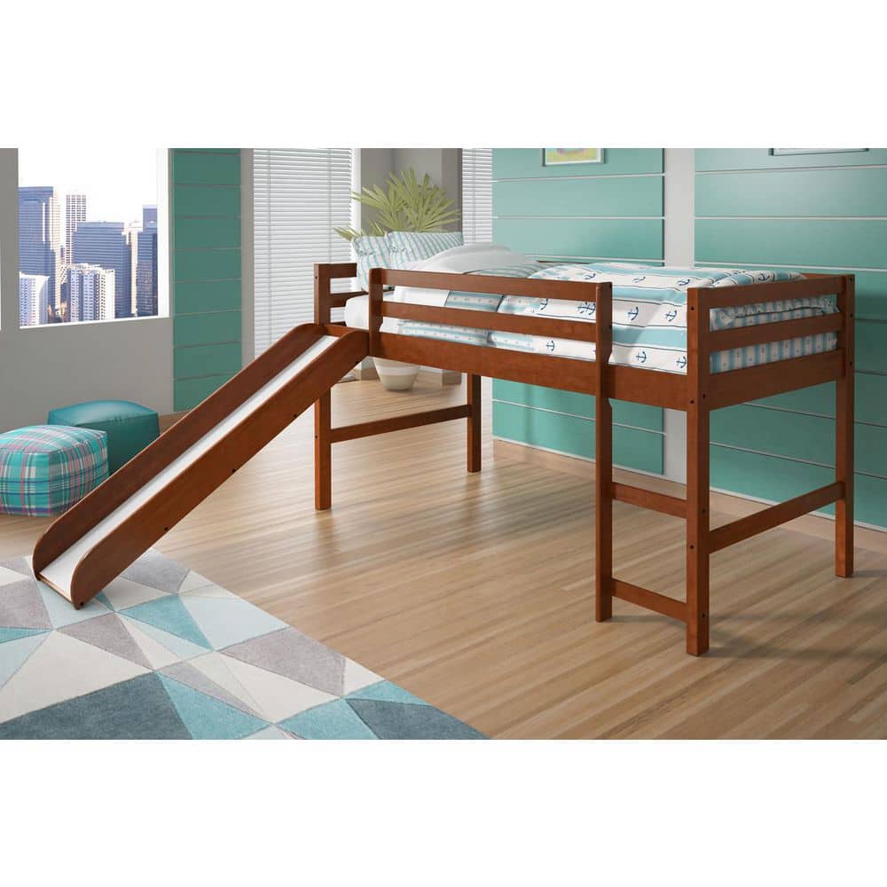 Espresso Pine Twin Loft Bed with Slide and Headboard