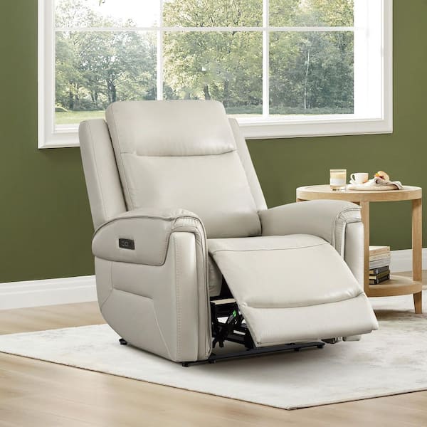 Uriel Light Grey Dual-Motor Modern Genuine Leather Zero-Gravity Recliner Chair with Power Headrest, USB & Type-C Charge