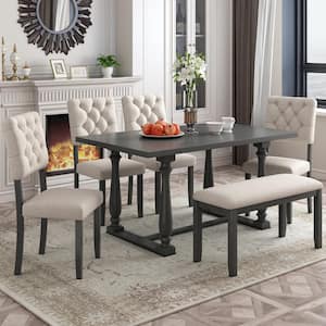 6-Piece Gray Wood Top Dining Table and Chair Set with Special-Shaped Legs and Foam-Covered Seat Backs Cushions