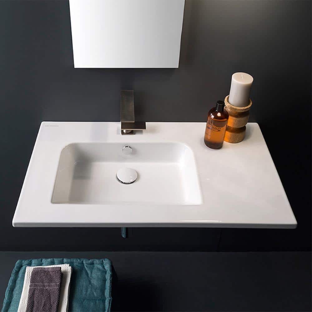 Glossy White Ceramic Rectangular Wall-Mounted Bathroom Sink