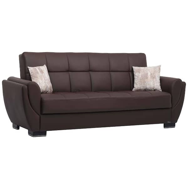 Ottomanson Basics Air Collection Convertible 87 in. Brown Faux Leather 3-Seater Twin Sleeper Sofa Bed with Storage