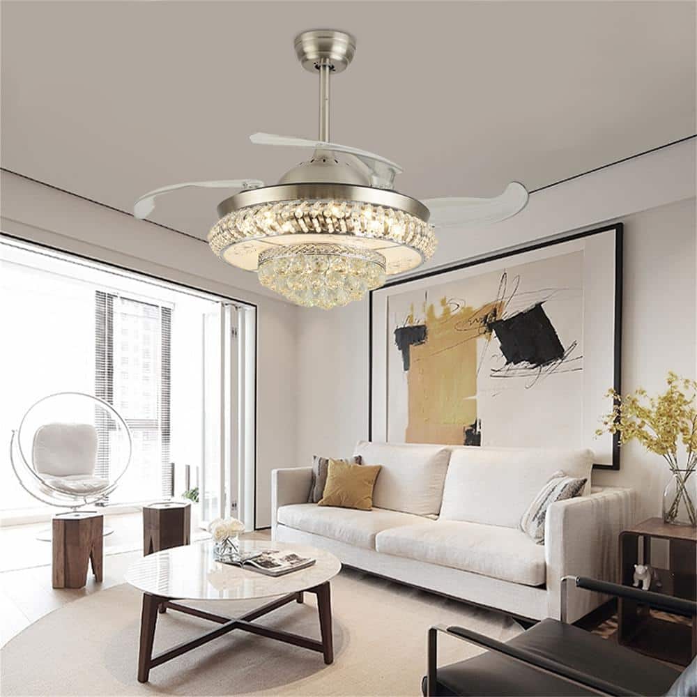 42" Silver Modern LED Crystal Chandelier Ceiling Fan with Remote